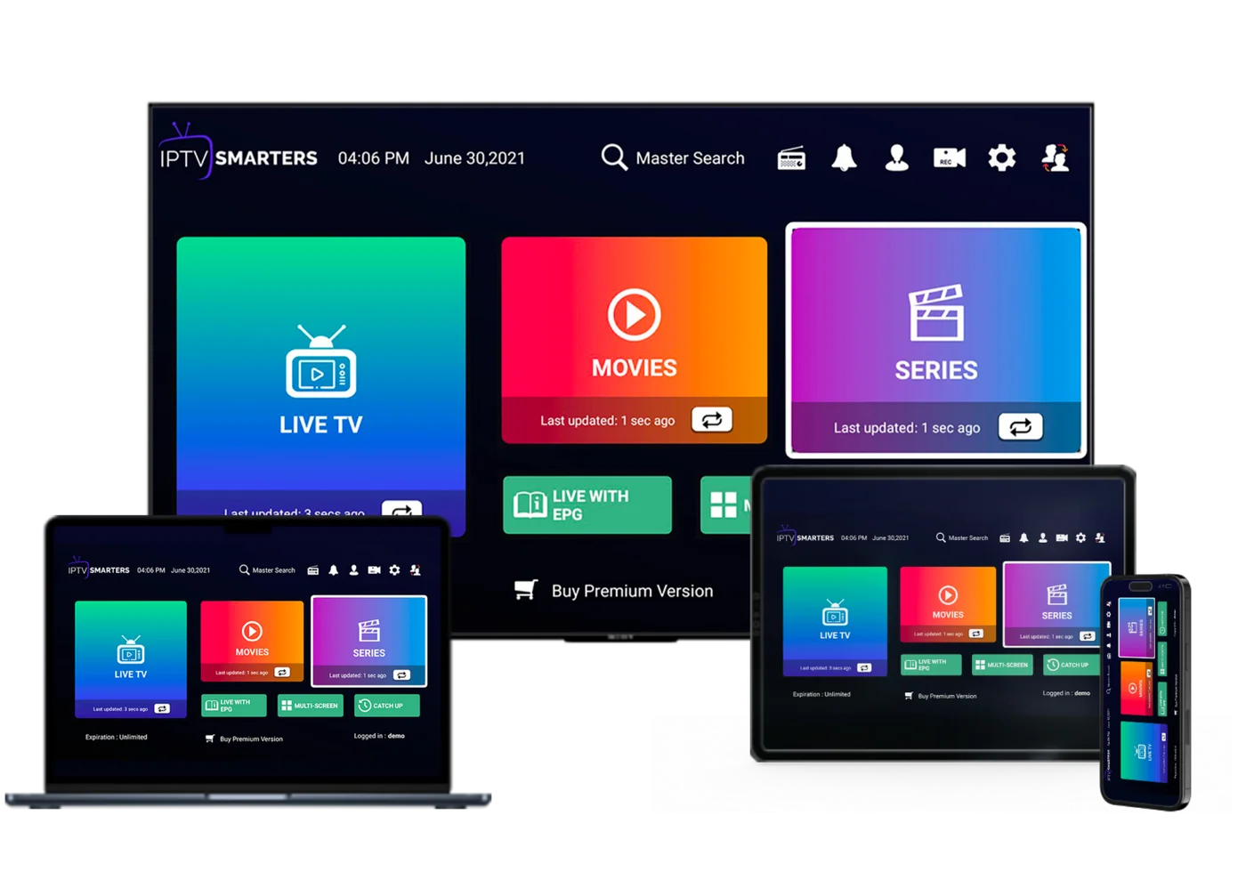 Beispiel eines IPTV-Players auf Fernseher, Tablet und Smartphone
